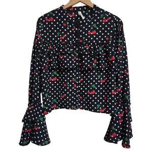 True Destiny Cherry Polka Dot Top Womens XL Black Ruffle Tiered Sleeve Button Up